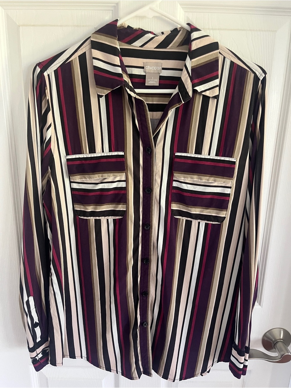 Chico's Vertical Stripe Button-Down Shirt in Burgundy, Black & Cream